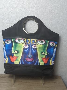 Abstract Face Art Tote Bag Black Structured Statement Purse Pop Art Surreal